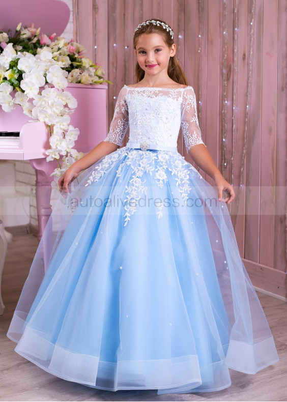 Off Shoulder White Lace Blue Tulle Pearls Embellished Flower Girl Dress